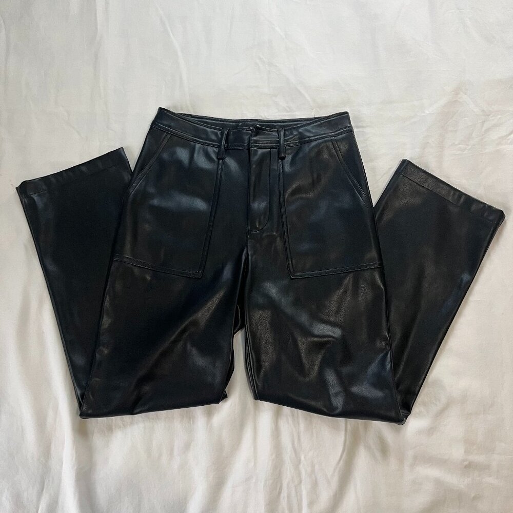 Seven For All Mankind Black High Rise Faux Leather Straight Leg Pants | Size S